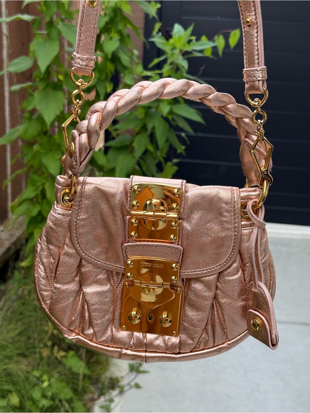 Miu Miu Metallic Rose Gold Braided-Handle Shoulder Bag with Gold Hardware